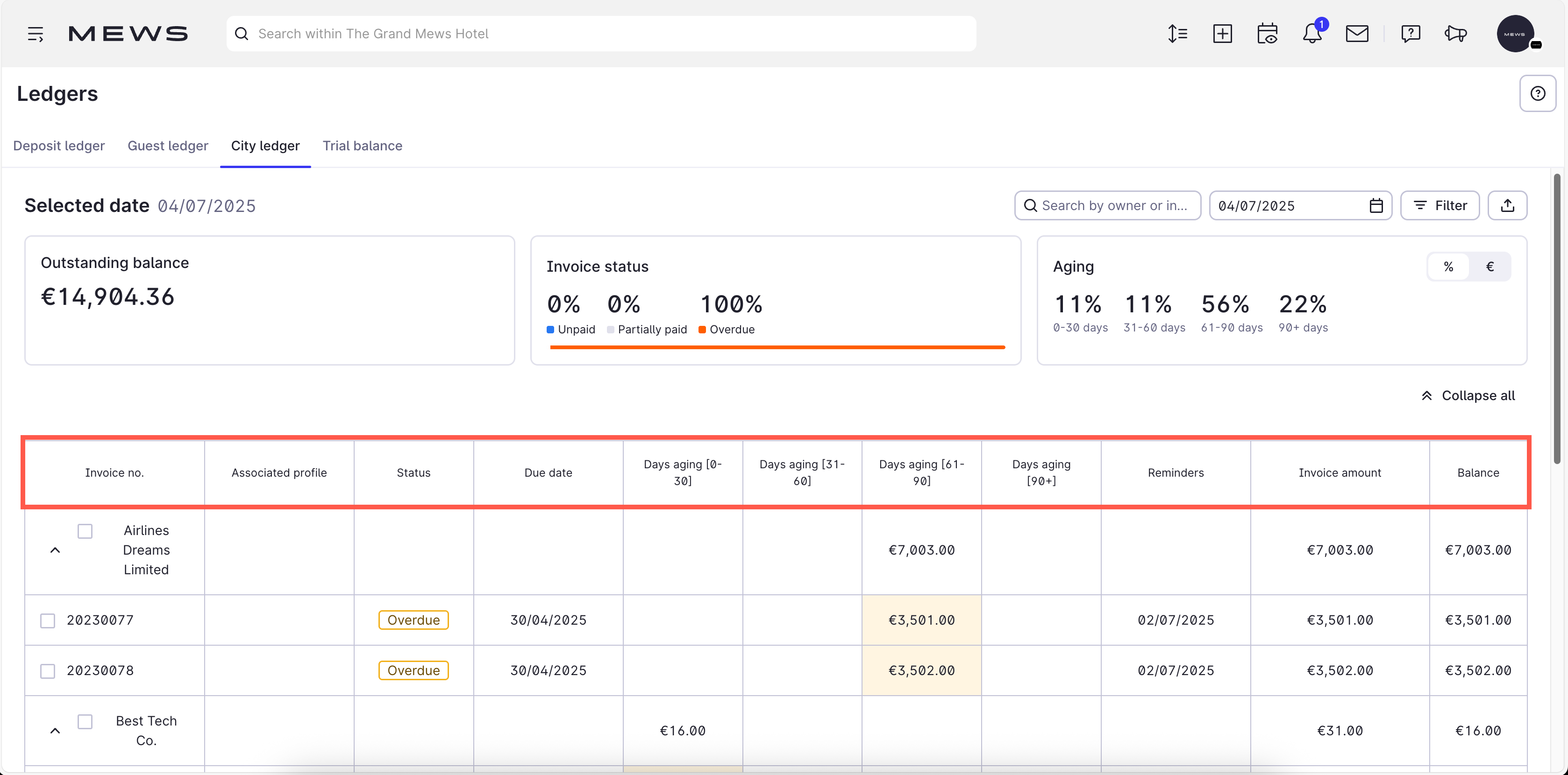 A screenshot of the city ledger table, with a number of sample invoices which have various statuses, due balances, and aging periods.
