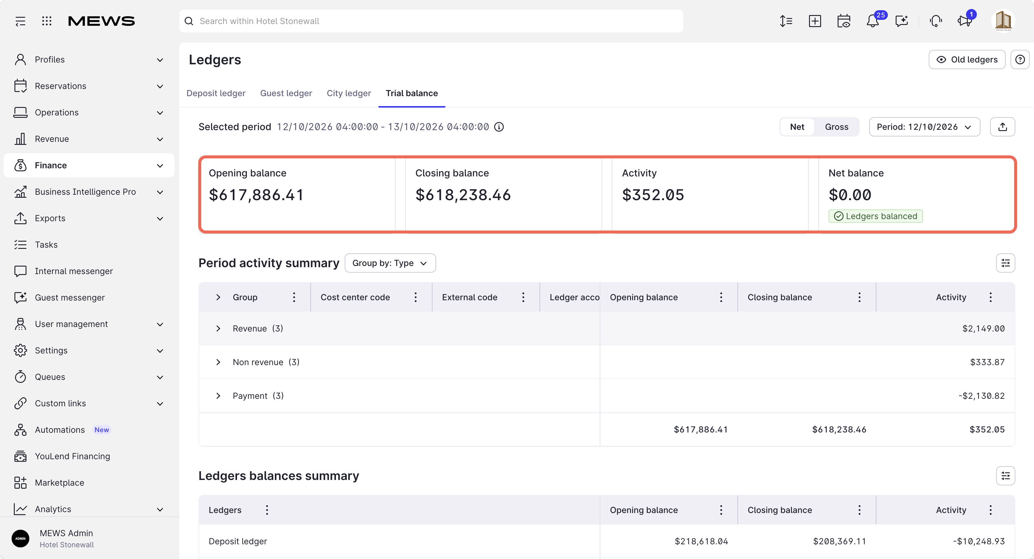 ledger activity report deposit ledger, guest, city ledger