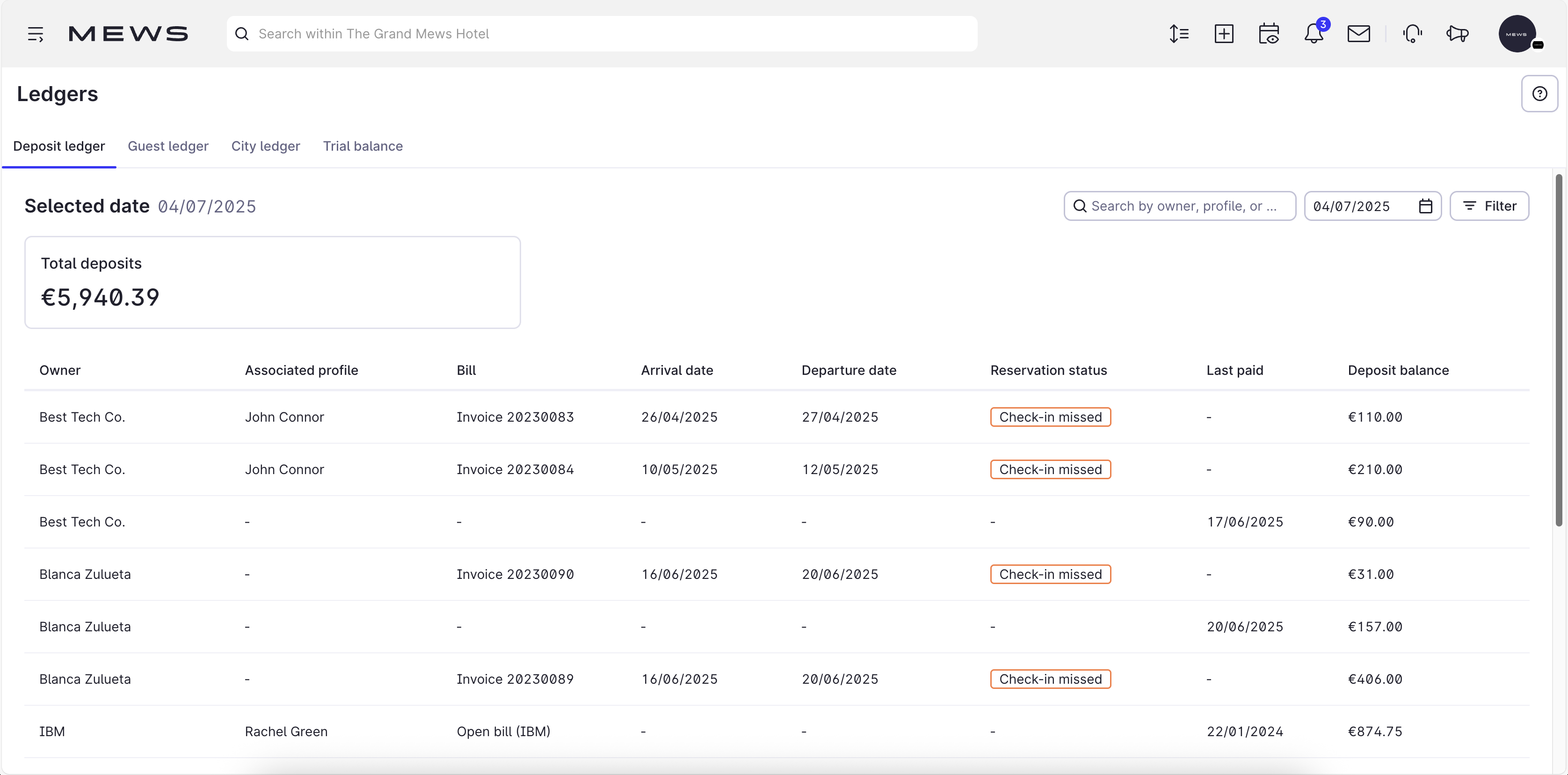 deposit ledger in mews operations