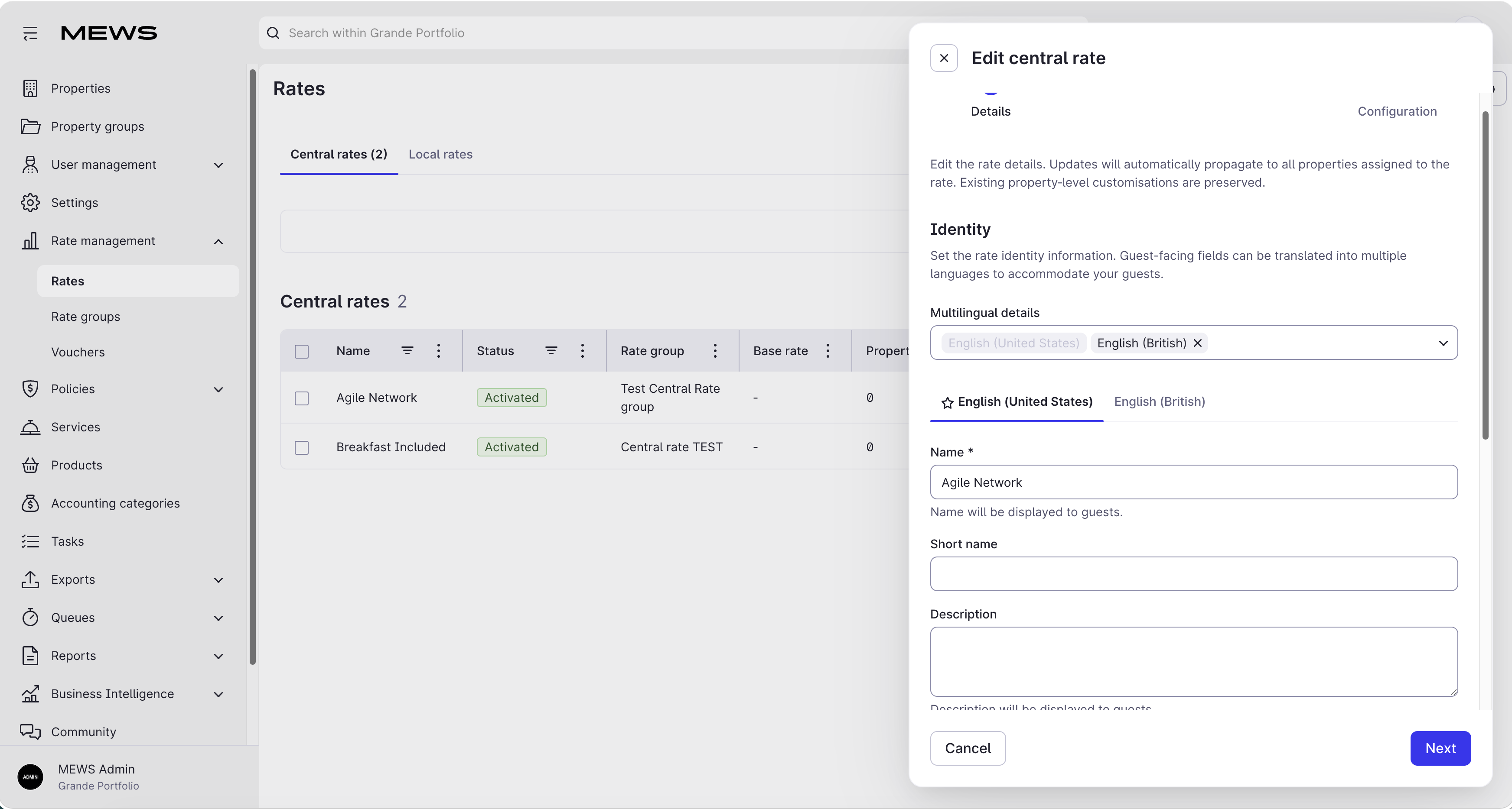 edit central rate panel