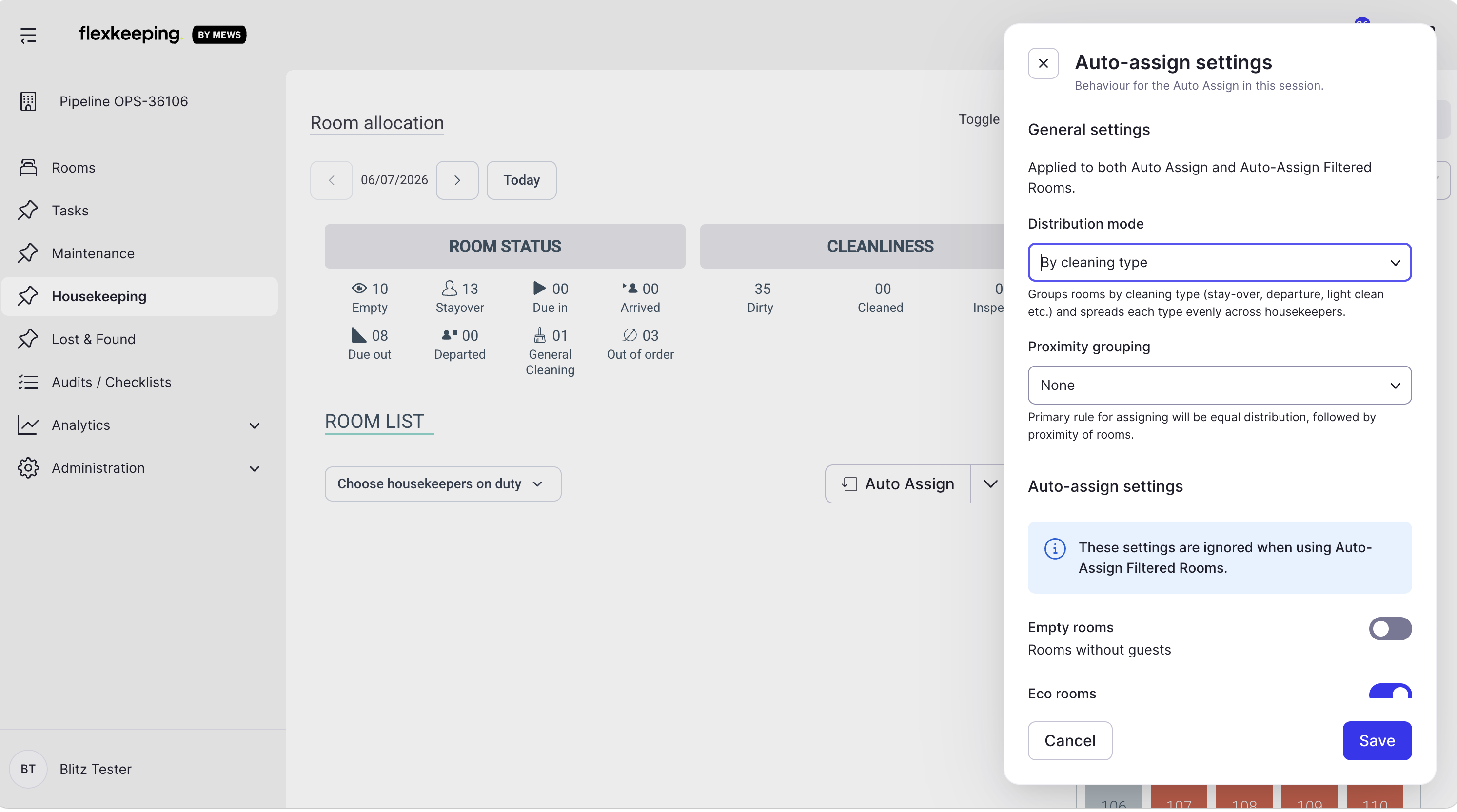 Flexkeeping auto-assign screen