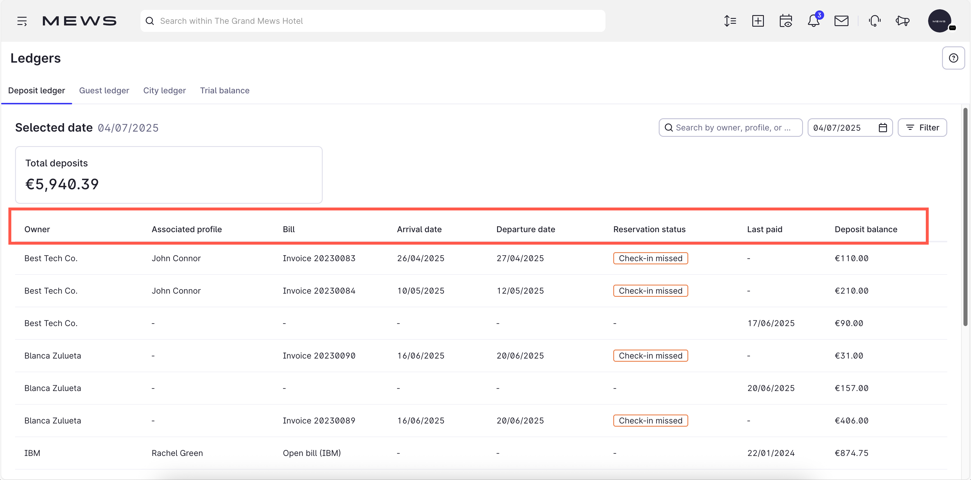 deposit ledger, table header highlighted