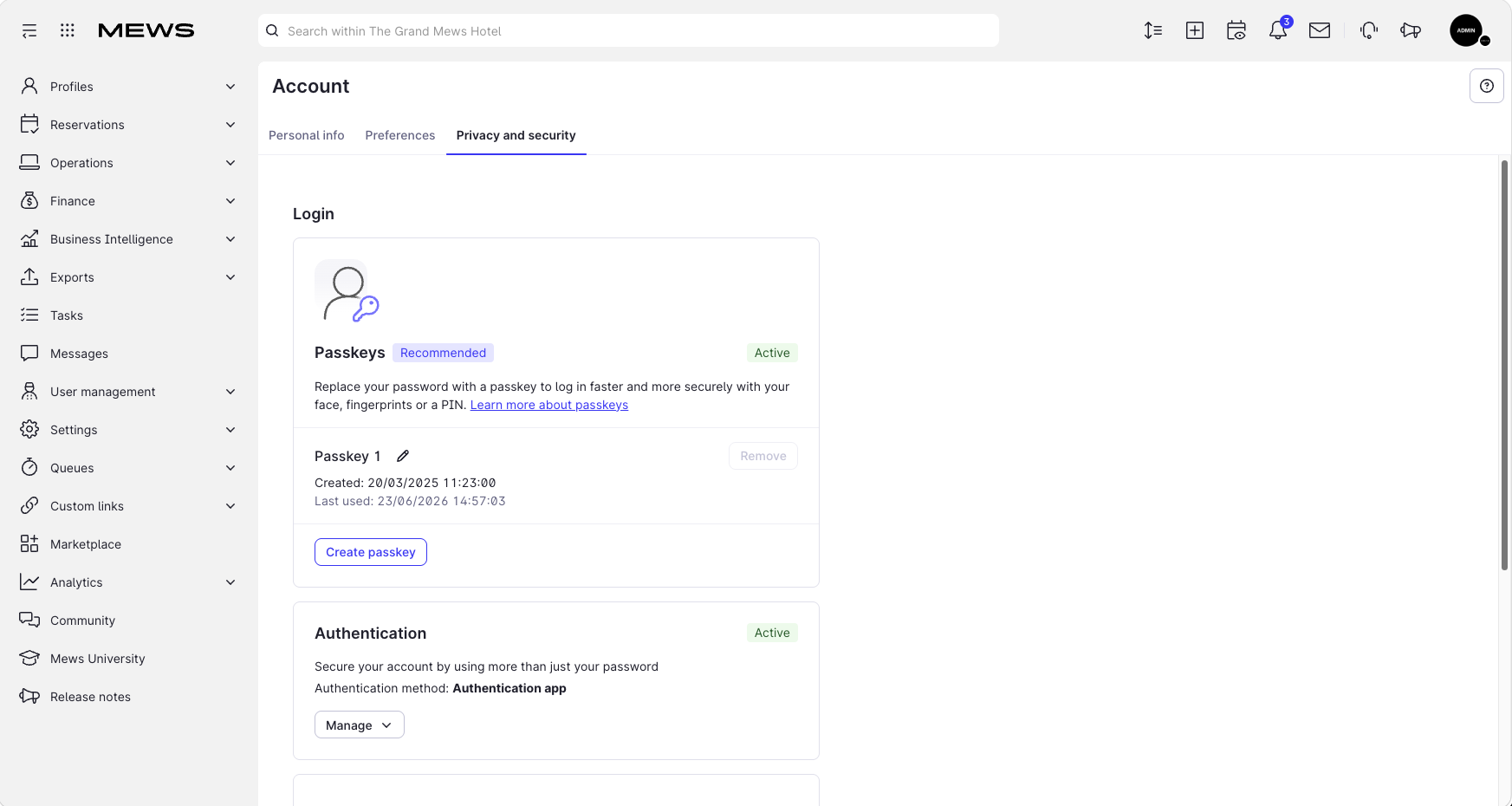 Privacy security screen - mews user account
