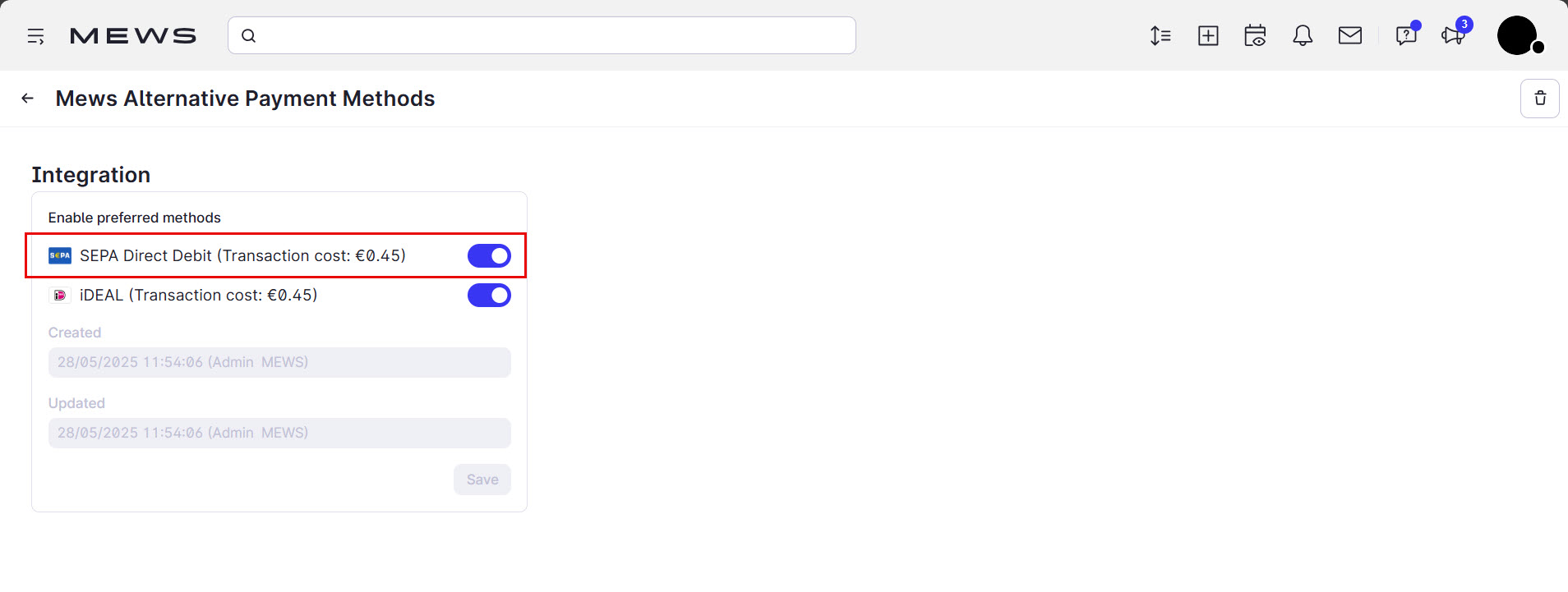 The mews alternative payment methods integration edit screen. A red box highlights the SEPA direct debit preferred payment method. The slider switch is toggled on.
