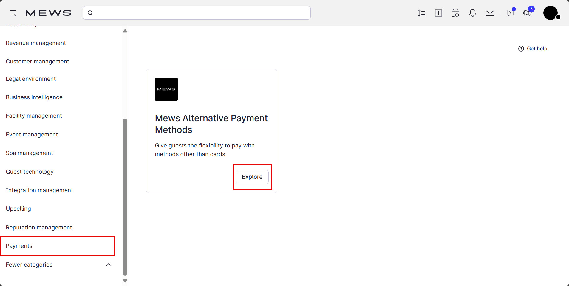 The mews marketplace showing the Alternative Payments Method card. Red boxes highlight Payments in the sidebar and the Explore button on the integration card.