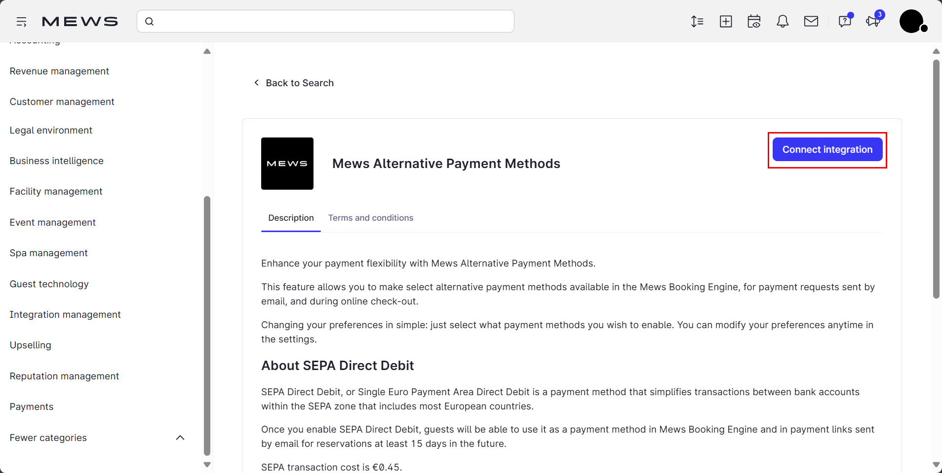 The mews alternative payment methods integration page. A red box highlights the Connect integration button.