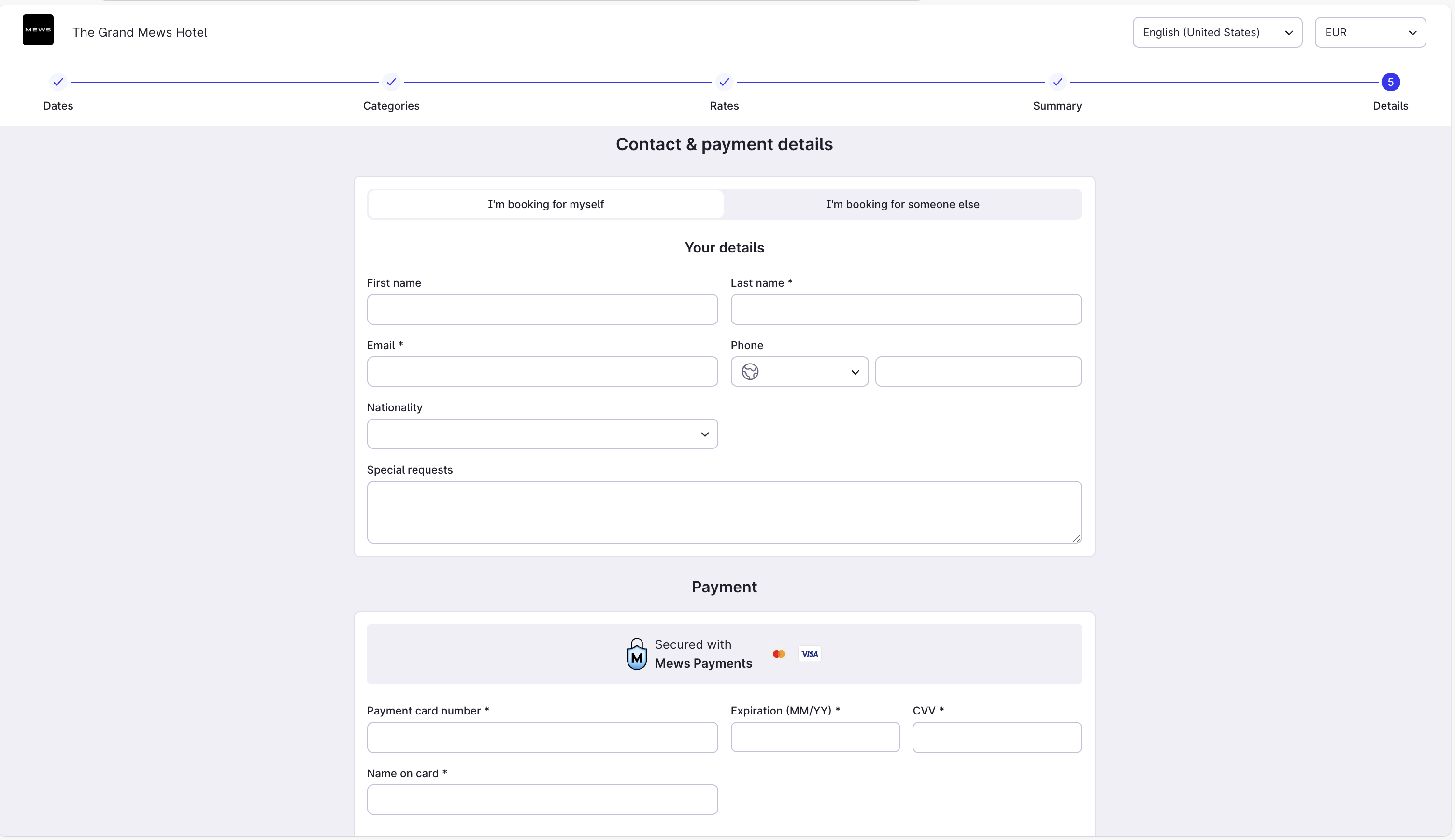 Booking engine payment screen