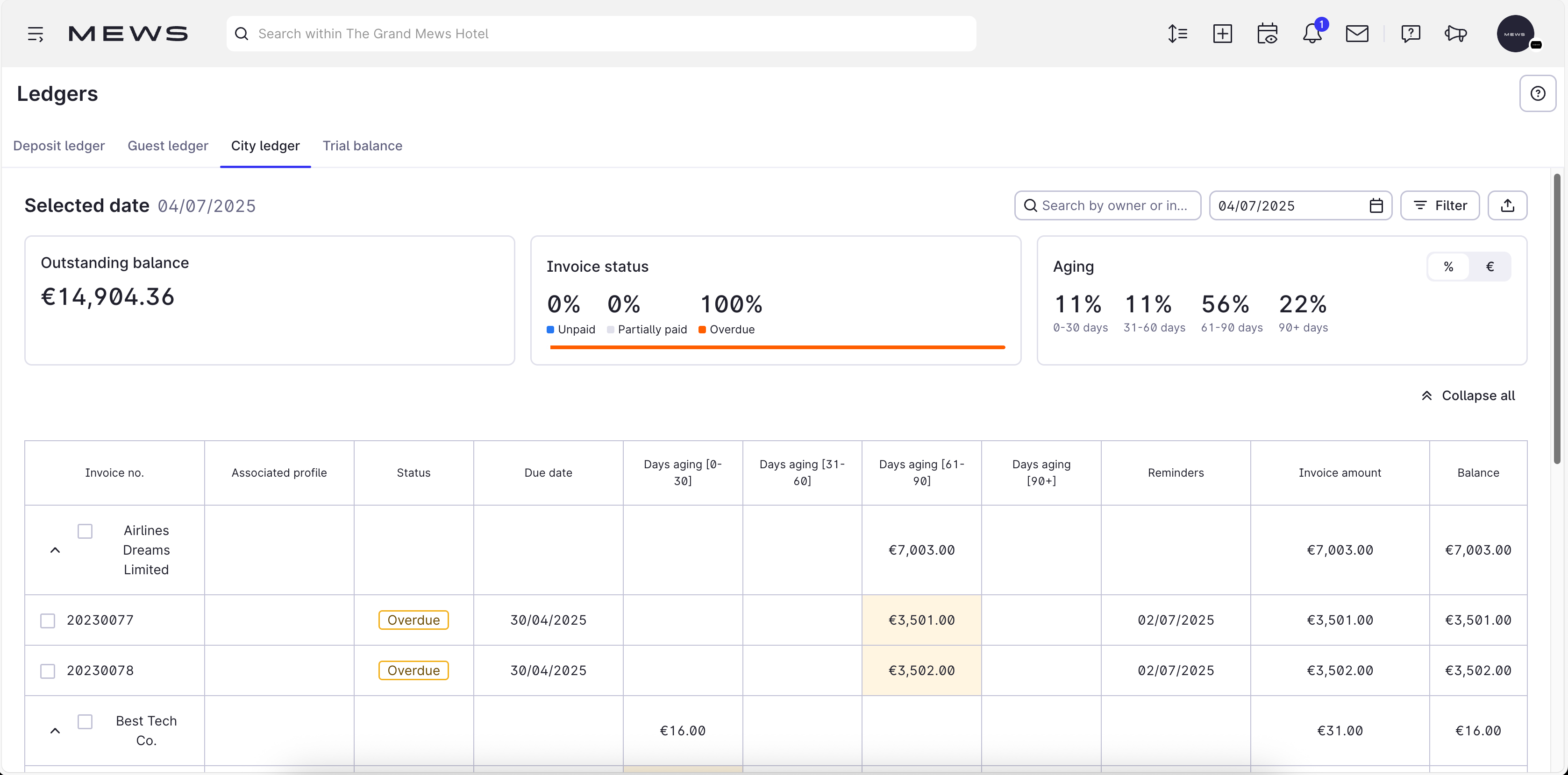 A screenshot of the city ledger in mews operations.