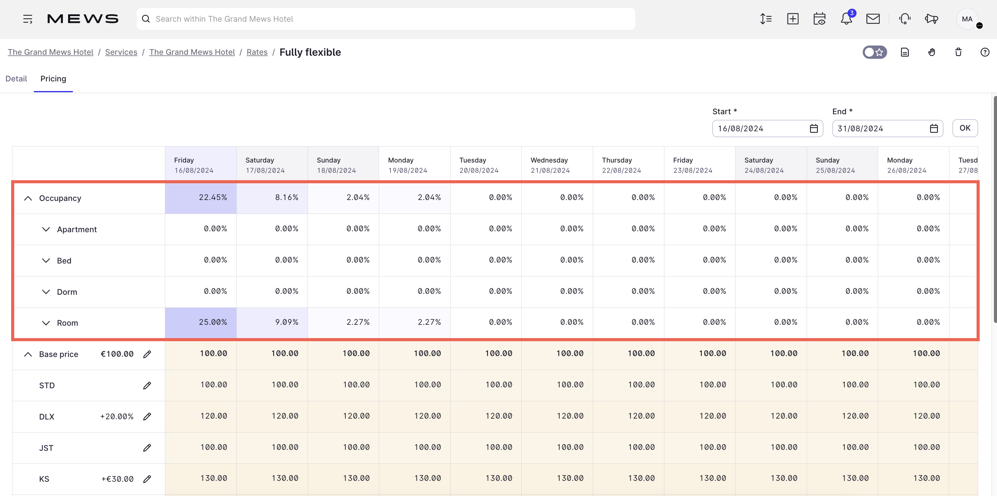 Occupancy pricing screen