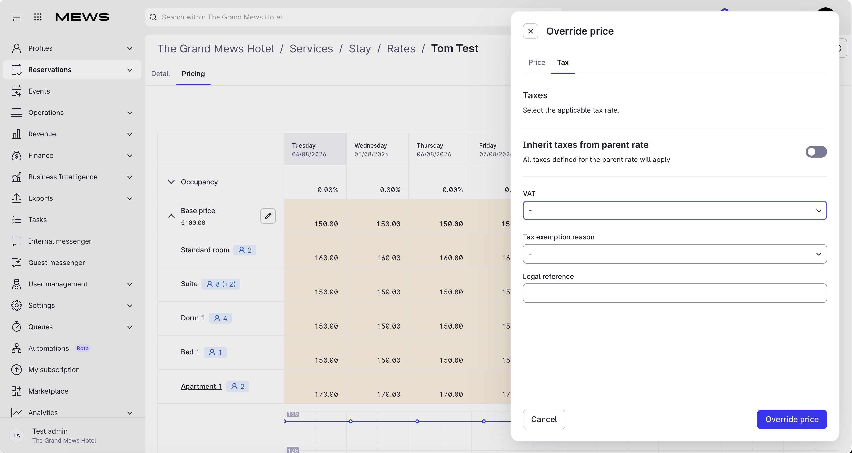 tax override toggle side panel