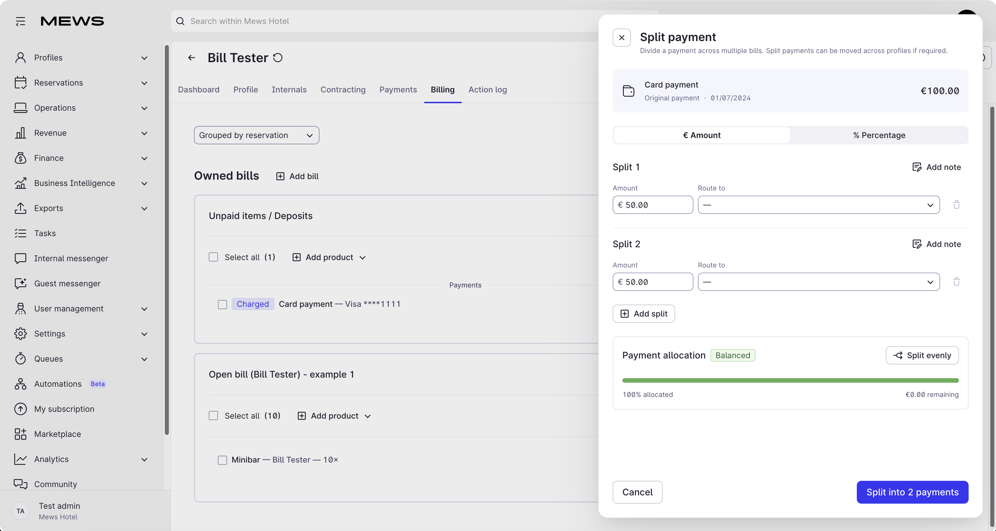 split payment side panel