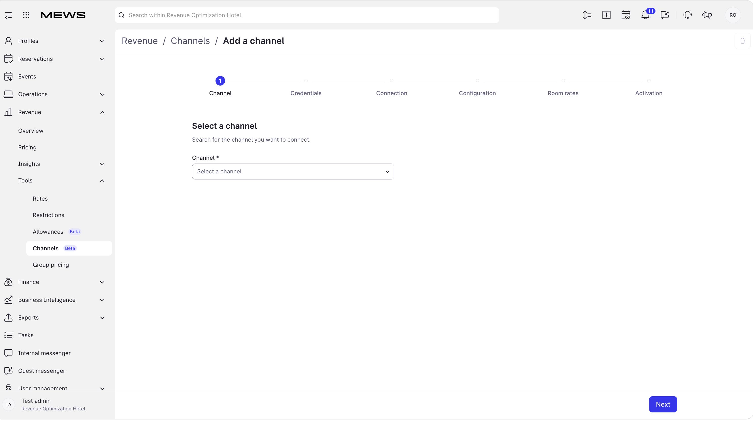 Add a channel screen in Mews Channel Manager Pro