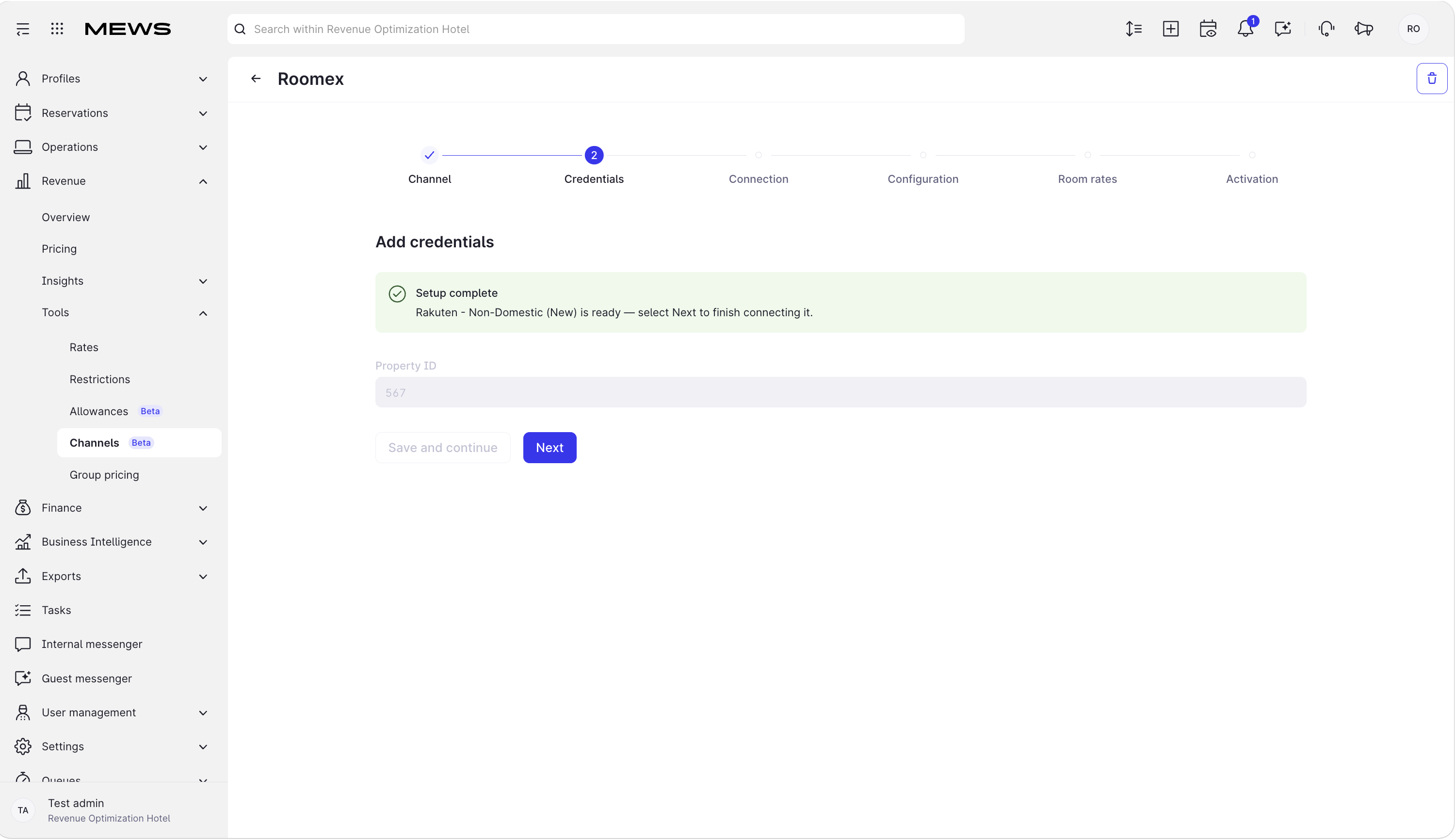 Channel credentials screen