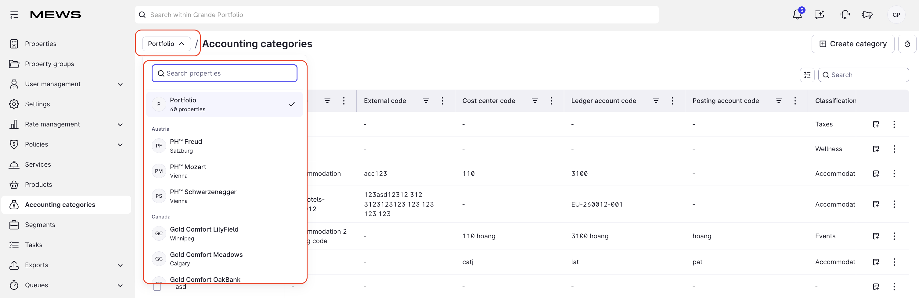 Portfolio switcher button on Accounting categories screen in Mews Multi-Property