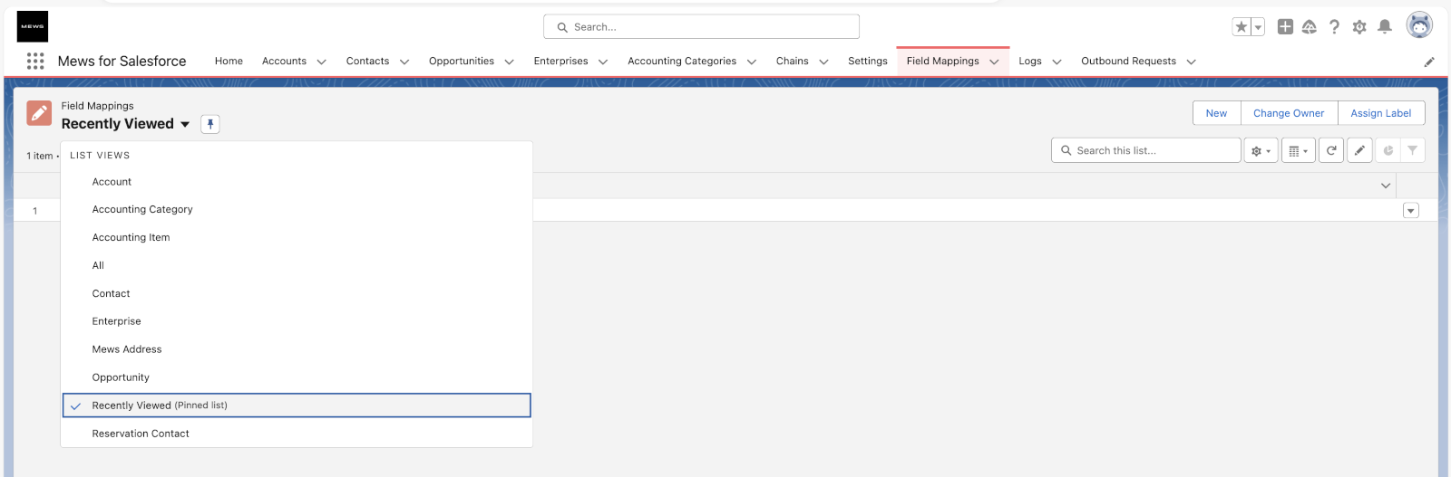 Field mapping tab list view