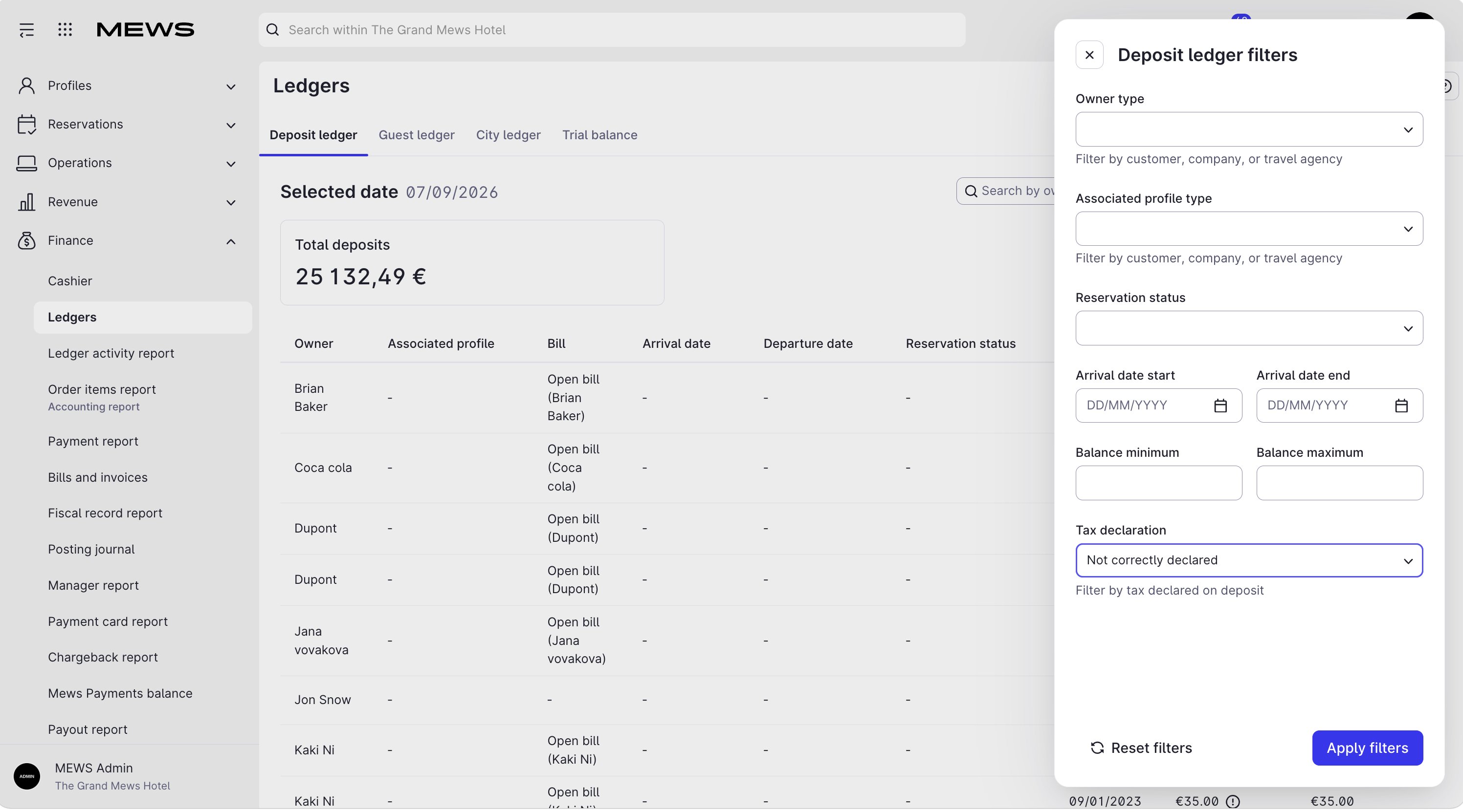 Deposit ledger screen in Mews Operations
