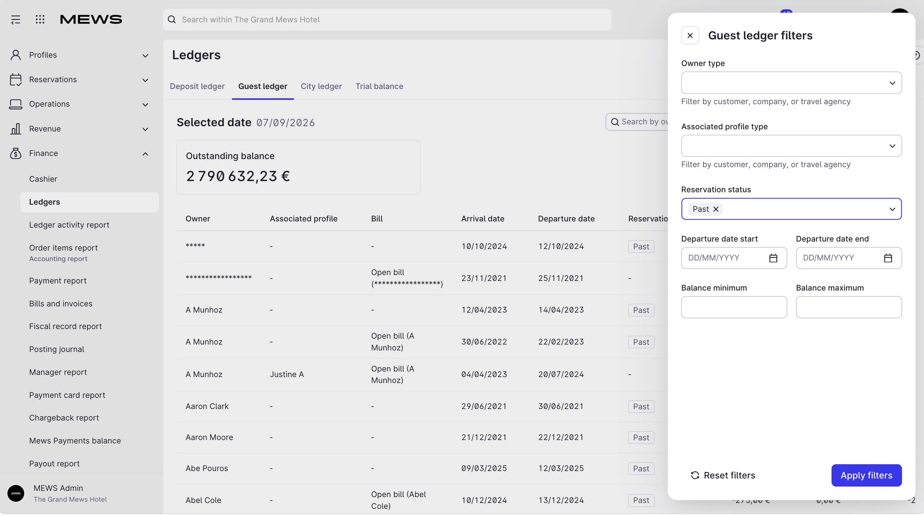Guest ledger screen in Mews Operations