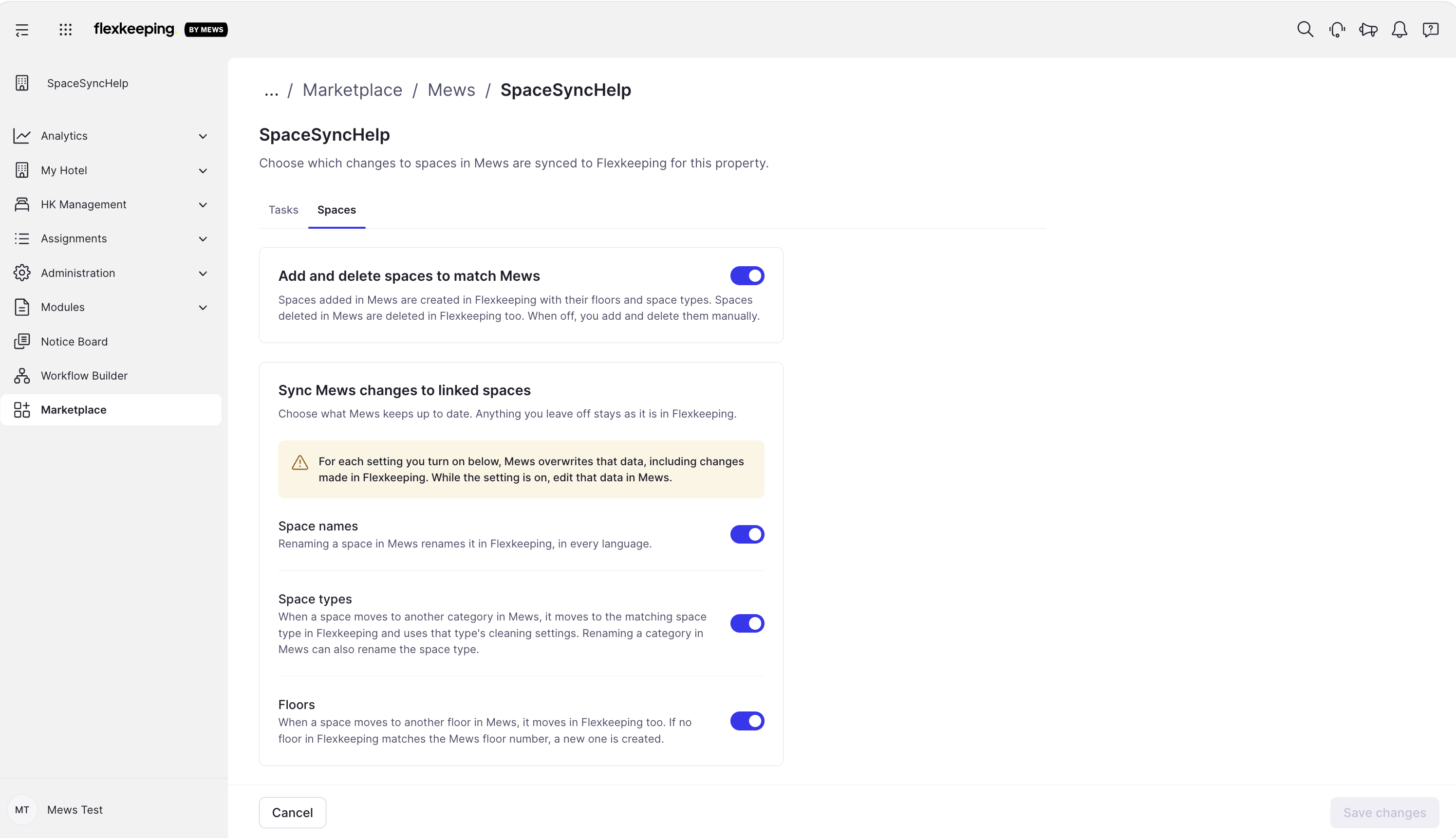 Sync to Flexkeeping screen